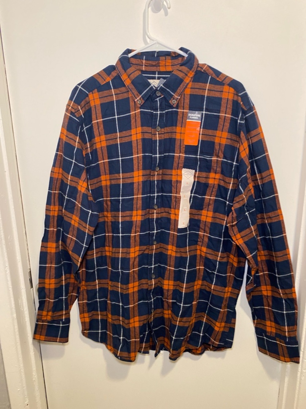 Men’s St. John's Bay Navy and Orange Plaid Button-Down Shirt